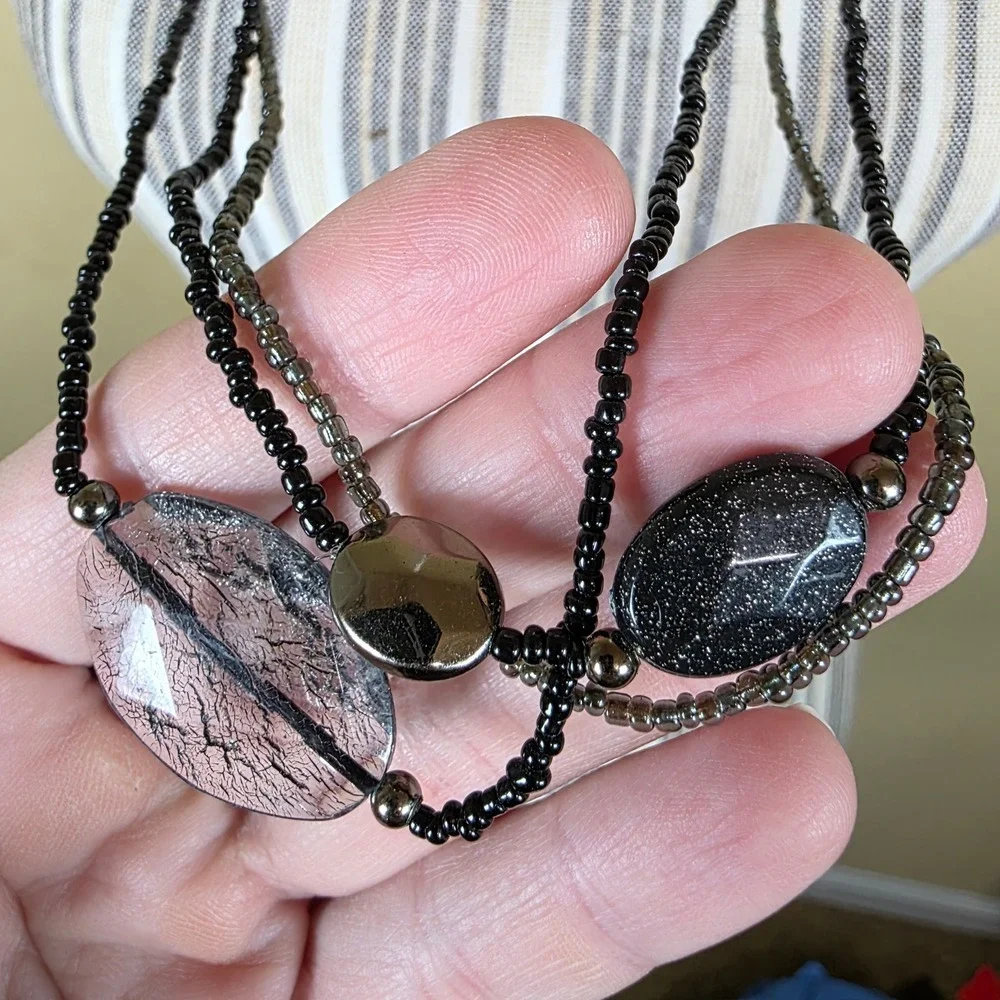 Long Layered Beaded Necklace Black Grey Oval Stones Statement Pendant whimsygoth